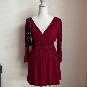 Vintage Y2K Milkmaid Top Red Boho Coquette Deep VNeck 3/4 Bell Sleeves Ruffles S